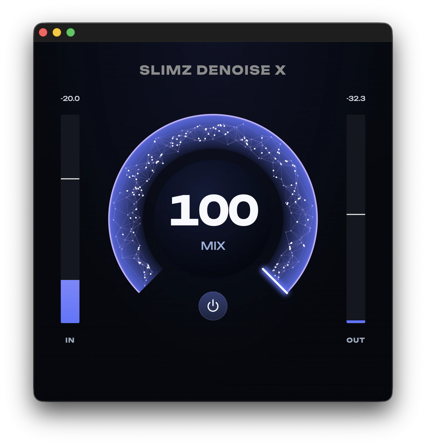 SLIMZ DENOISE X interface with the MIX control and level meters