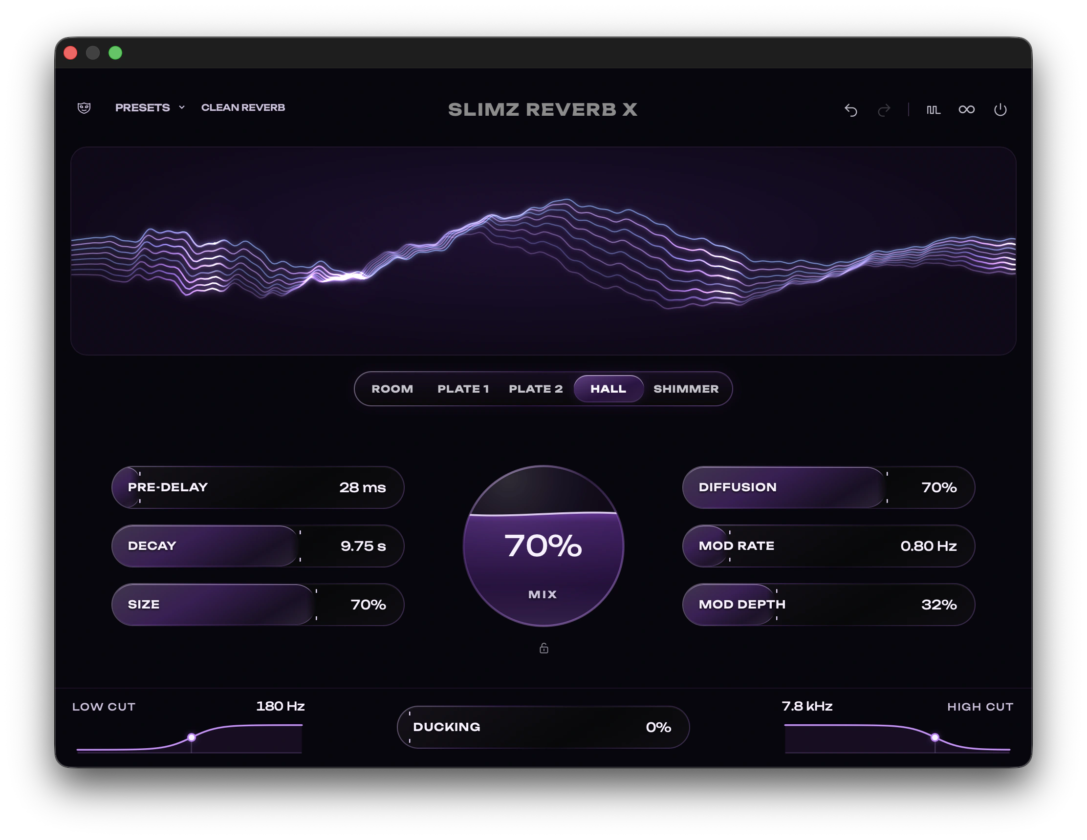 SLIMZ REVERB X interface in the violet skin
