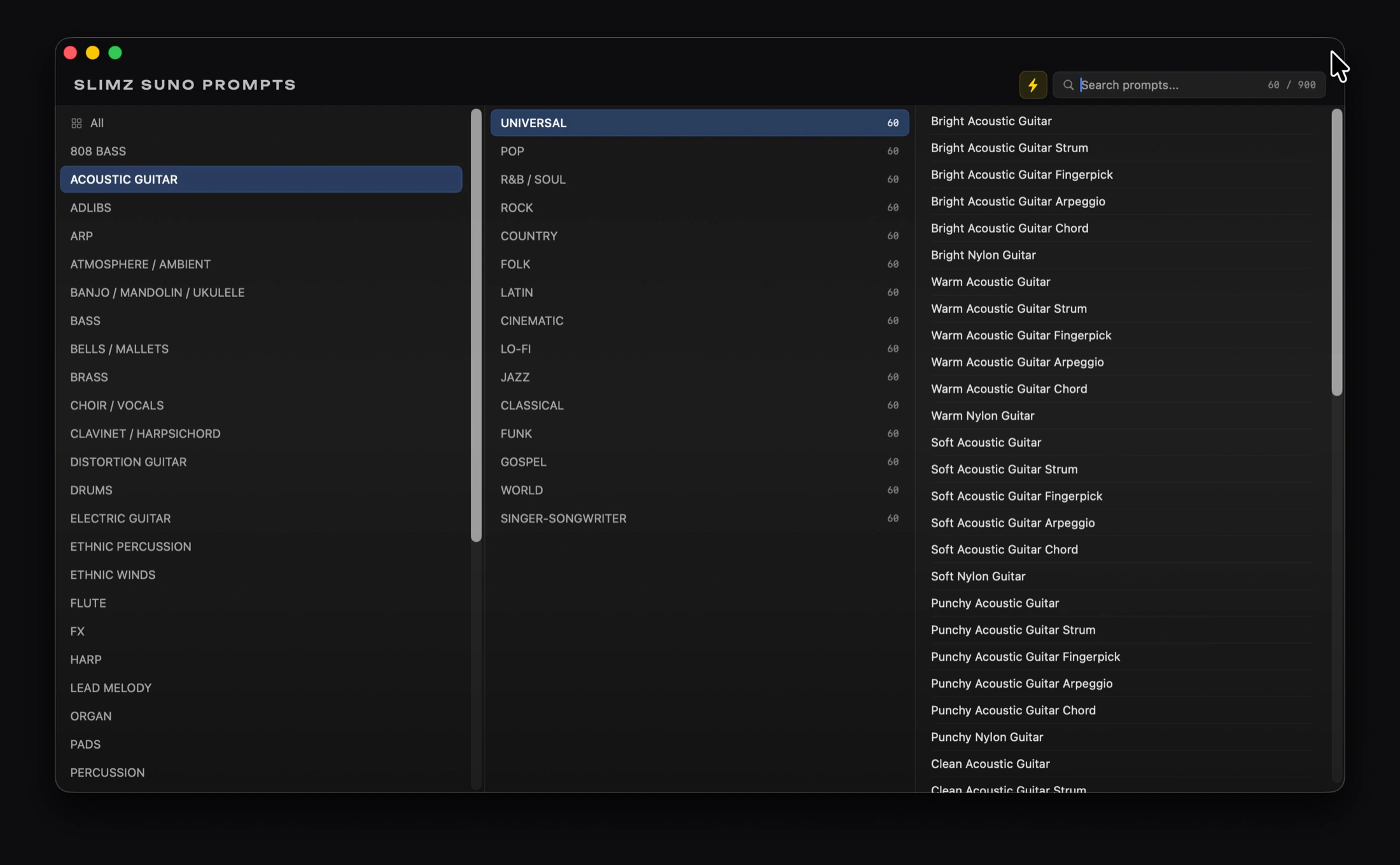 SLIMZ SUNO PROMPTS 2.0 interface